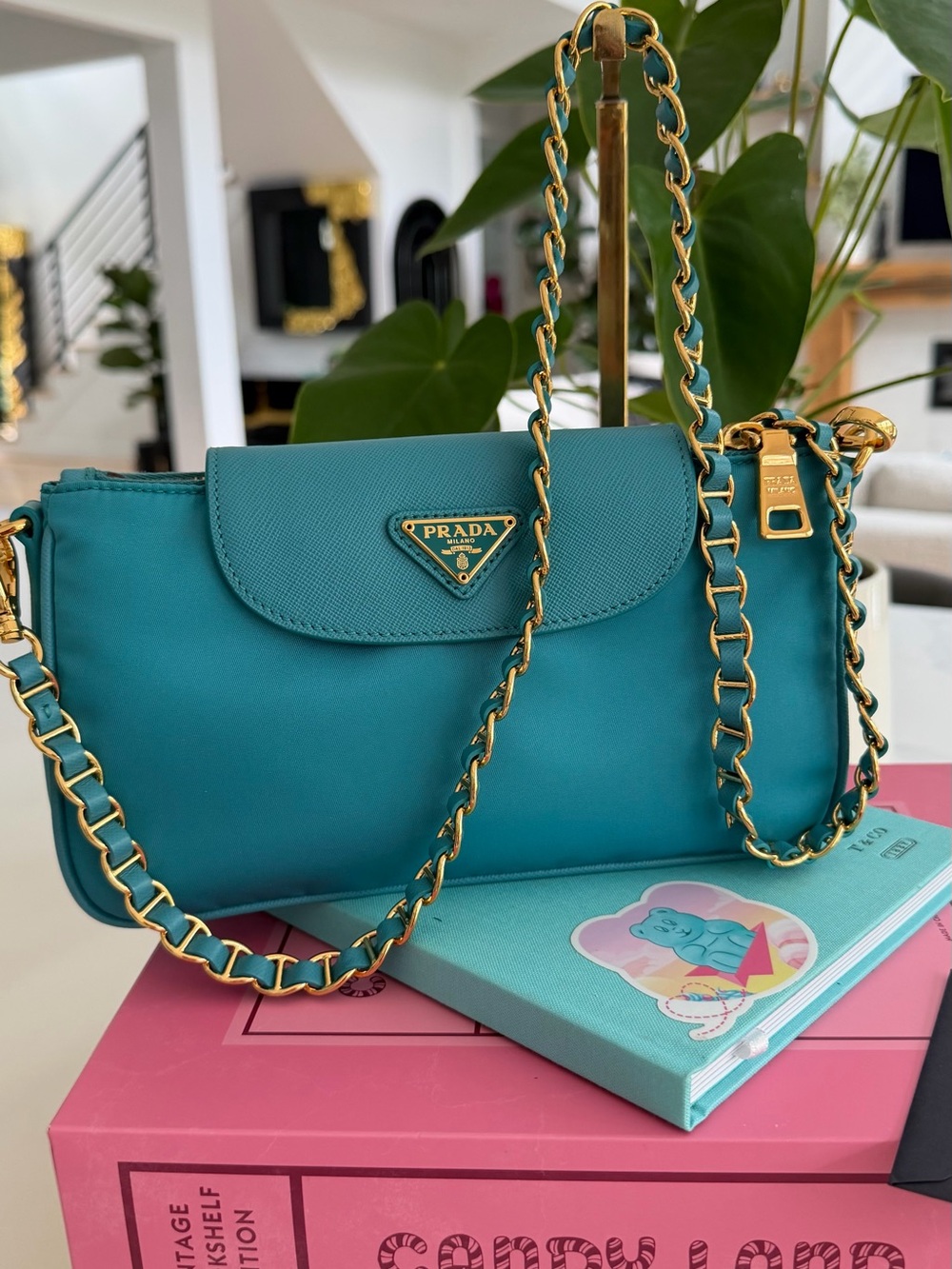 Prada Teal Shoulder Crossbody with Gold Chain